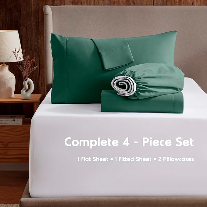 Nestl Extra Deep Twin Sheet Set - 4 Piece Breathable & Cooling Sheets - Hotel Luxury Bedding Set w/18-24 Inch Deep Pockets - Easy & Secure Fit - Super Soft, Wrinkle Free & Comfy - Dark Green