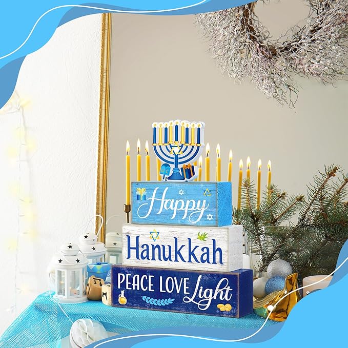 4 Pcs Hanukkah Decorations for Home Chanukah Table Decor Wooden Menorah Decoration Hanukkah Centerpiece Rustic Decorative Menorah Block Signs Gift Farmhouse Jewish New Year Decoration for Home