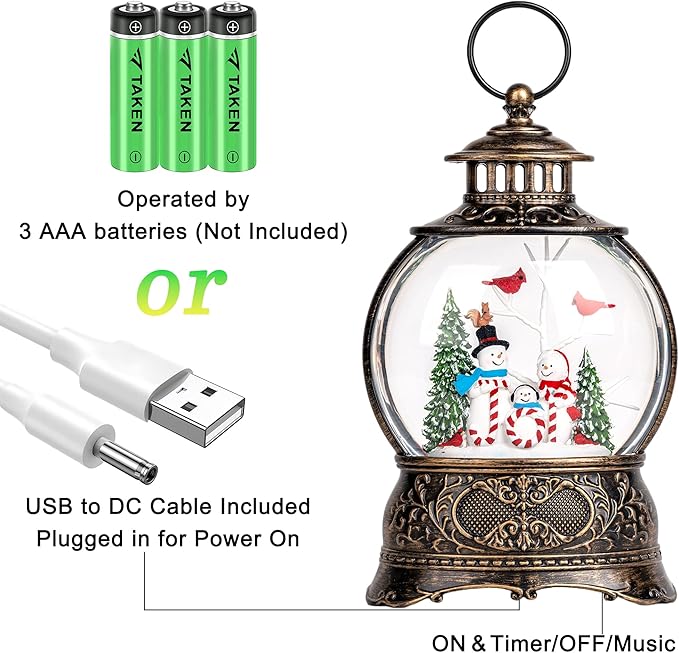 9.8" Christmas Snow Globe Water Lantern with Joy and Snowman Family Scene Battery Operated or USB Powered Musical Lighted Holiday Decoration for Tabletop Display for Family and Friends