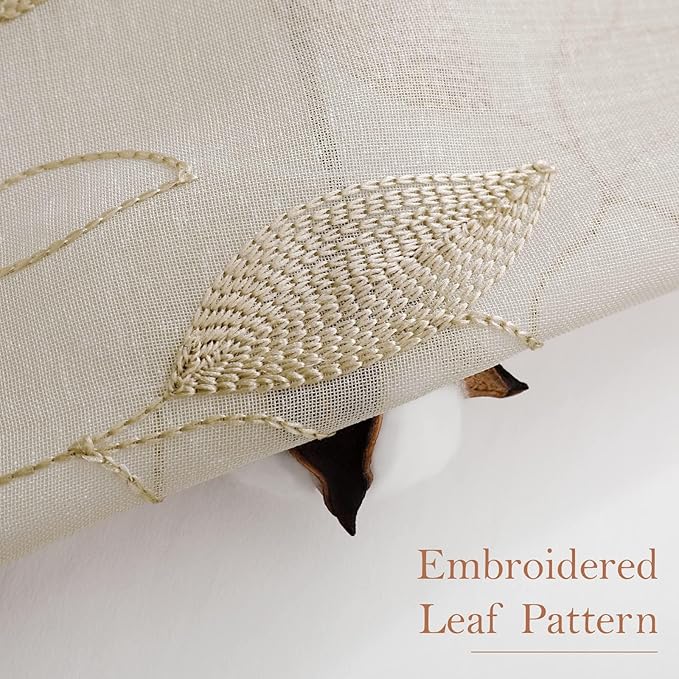 HOMEIDEAS Taupe Sheer Kitchen Curtains 52 x 45 Inch Length 2 Panels Beige Embroidered Leaf Pattern Short Curtains for Bedroom Half Small Window Rod Pocket Tiers