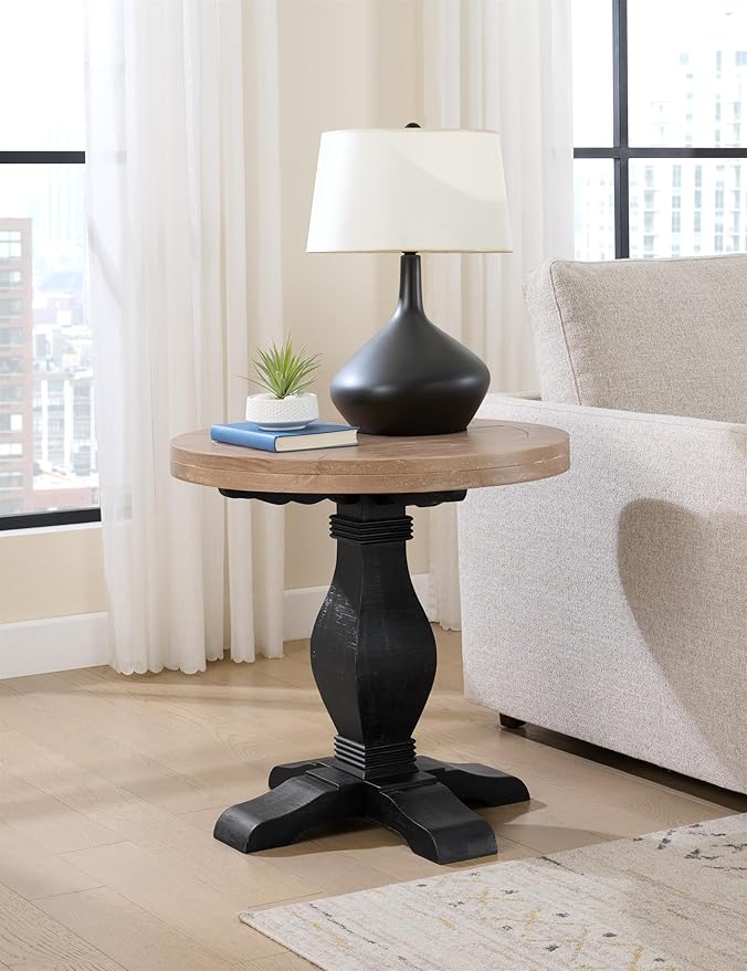Martin Svensson Home Napa Solid Wood Pedestal End Table, Black and Driftwood