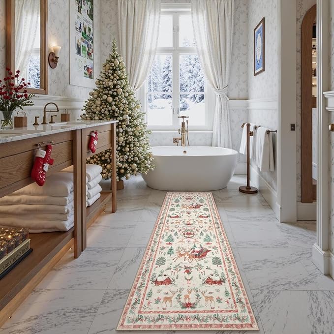 Lahome Christmas Runner Rug 2x6 Beige Runners for Hallways,Kitchen Rugs Non Slip Washable Entryway Carpet Runner,Soft Christmas Tree Santa Claus Runners for Bathroom Holiday Decor(2'x6',Beige)