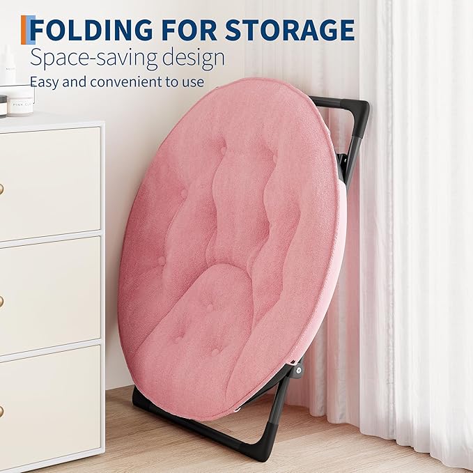 Saucer Chair with Faux Fur Cover, Large Foldable Moon Chair for Adults & Teens, Cozy Circle Accent Chair for Bedroom, Living Room, Dorm, Playroom, Soft Folding Gaming Chair for Small Spaces, Pink
