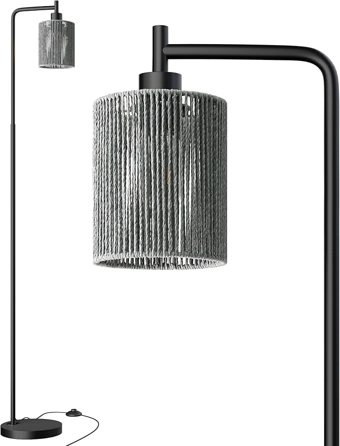 Oneach 66" Black Floor Lamp for Living Room, Boho Floor Lamp with LED Bulb, Foot Switch, Gray Rattan Shade, Industrial Tall Farmhouse Standing Lamp for Bedroom, Dining Room, Study Room, Office