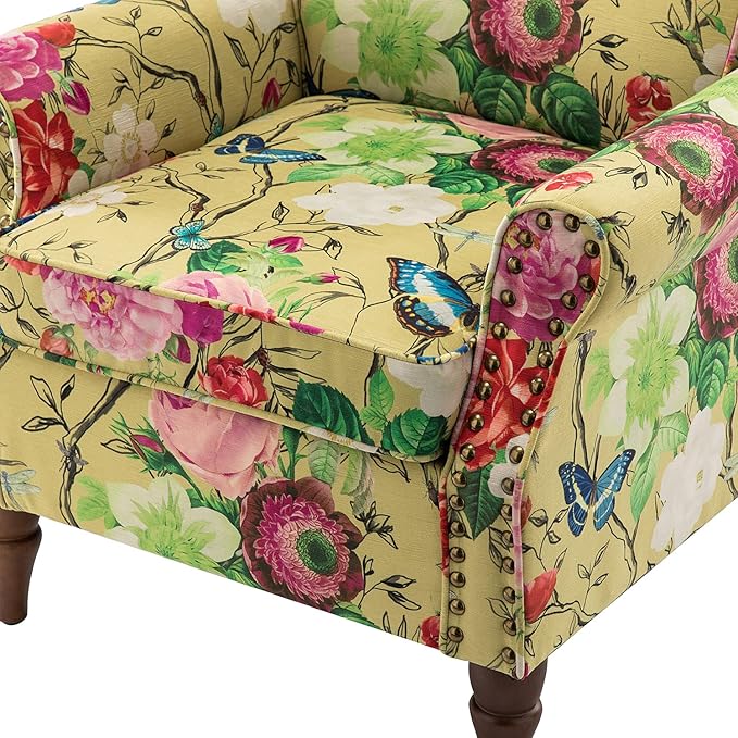 HULALA HOME Modern Wingback Accent Chair with Wood Legs & Removable Cushion, Comfy Upholstered Armchair with Nailhead Trim, Floral Pattern Single Sofa Chair for Living Room Bedroom, Mustard