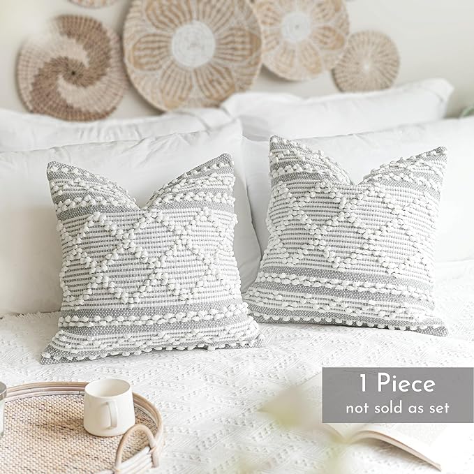 BlissBlush Gray White Decorative Throw Pillow Cover 20X20, Boho Accent Pillow for Couch, Square Modern Farmhouse Pillowcase for Living Room Couch Sofa Cushion Home Décor (Pack of 1)