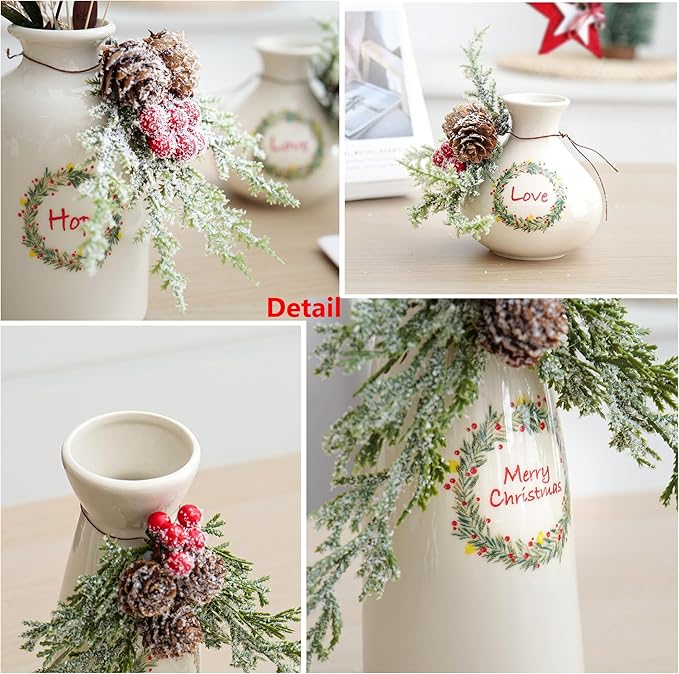 Christmas Vases Set 3, Ceramic Vase with Pine Branches and Pinecones Xmas Decorations Dinner Table Party Living Room Bedroom Decor