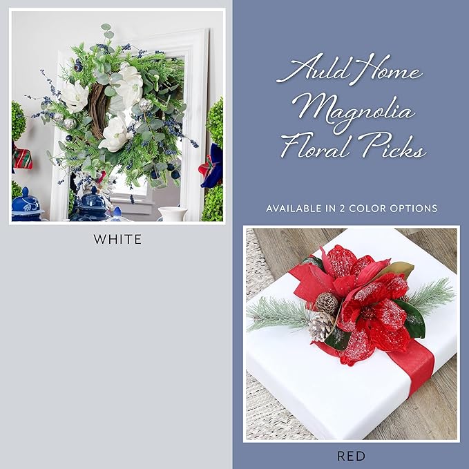 AuldHome Design Magnolia Floral Picks (3-Pack, White); Artificial Magnolia Greenery Flowers for Christmas and Seasonal Decor