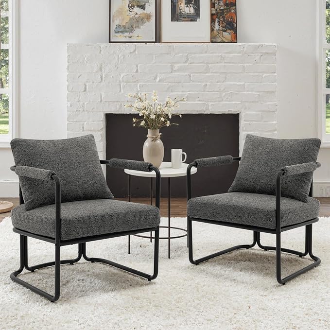 Mid-Century Modern Accent Chairs Set of 2, Comfy Upholstered Lounge Arm Chairs with Chenille Fabric for Living Room, Bedroom, Apartment, Reading Corner, Office, Dark Grey
