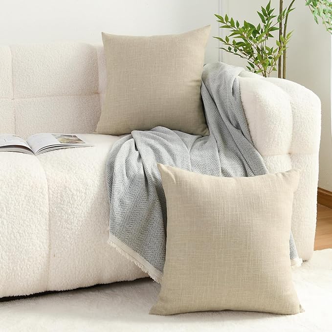 JIUZHEN Beige 20x20 Inch Faux Linen Pillow Covers Set of 2, Neutral Farmhouse Cushion Covers for Sofa Bed, Washed Textured Zippered Pillowcase