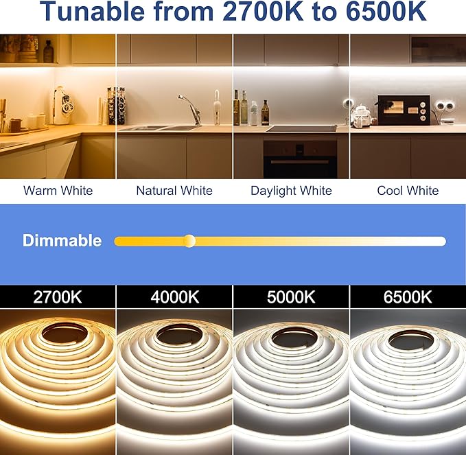CCT COB LED Strip Lights, 65.6ft Dimmable 2700K-6500K 24V Tunable White LED Light Strip Kit, High Density CRI 90+ LED Strips with Remote Controller and Power Supply.2 Rolls of 32.8ft