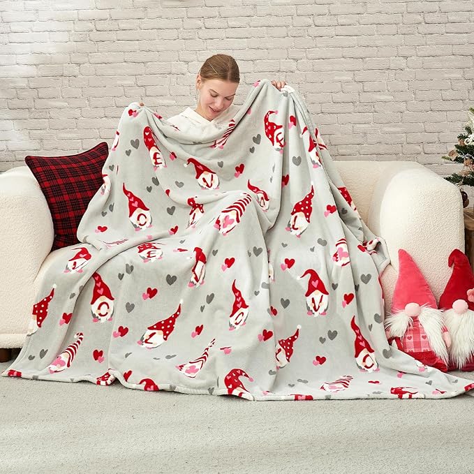 Cozy Bliss Gnome Love Heart Blanket Gift Ultra Soft Milkyplush™ Throw Blanket Cute gnome Pattern Heart Blankets for her Birthday Gift Blankets(Gnome Love,50"x60")
