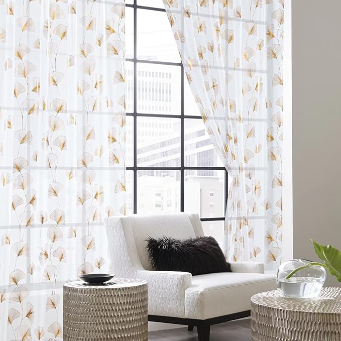 Gold Foil Print Sheer Curtains 84 inches Long, 2 Panels Ginkgo Bronzing Treatment Sheer Curtain, Rod Pocket Window Treatment Panels for Bedroom Living Room