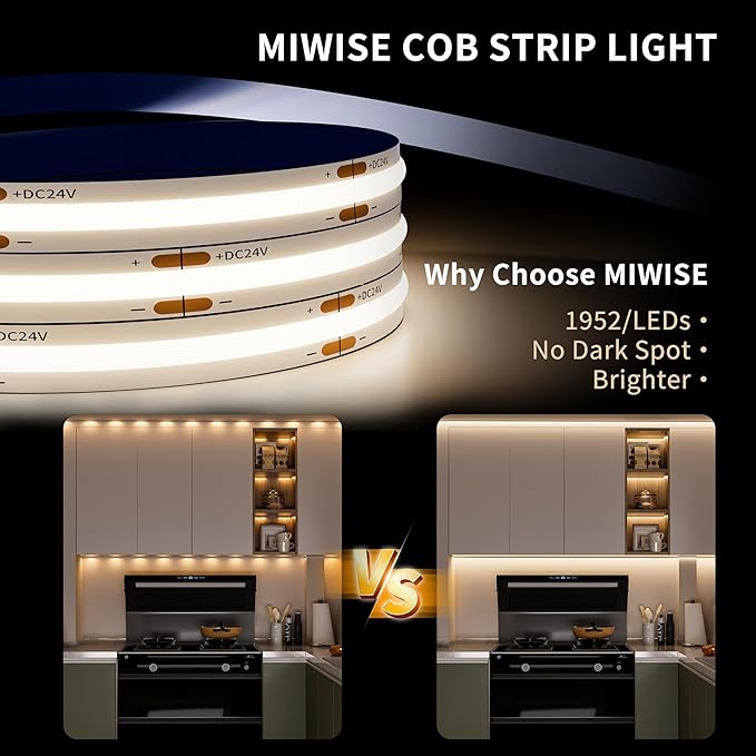 MIWISE COB LED Strip Light 20ft/6.1m,CRI 90+ Natural White 4000K High Lumen Dimmable Super Bright Flexible DC24V LED Tape Light with Controller/Dimmer,for Cabinet Home Office DIY Lighting Projects