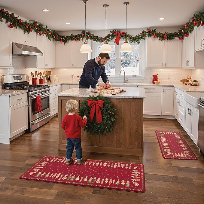GENIMO Christmas Decorations - Kitchen Mats for Floor, 2PCS Christmas Kitchen Rugs, Cushioned Anti Fatigue Mat for Home Decor, Waterproof Non Slip Standing Mat for Laundry, 17.3"x47"+17.3"x30", Red