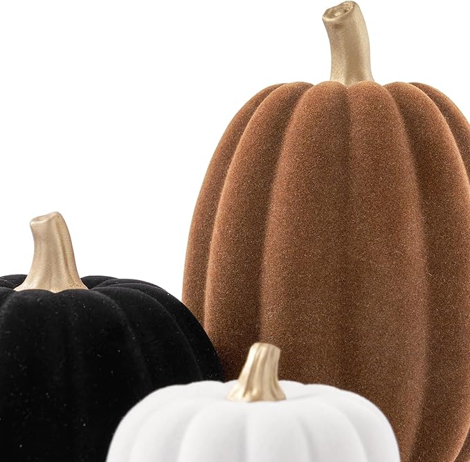 DN DECONATION 3 Pcs Fall Pumpkin Decorations – Flocked White Brown Black Resin Pumpkins Figurines for Autumn Thanksgiving Halloween Decoration, Faux Artificial Pumpkin for Home Table Mantel Decorating