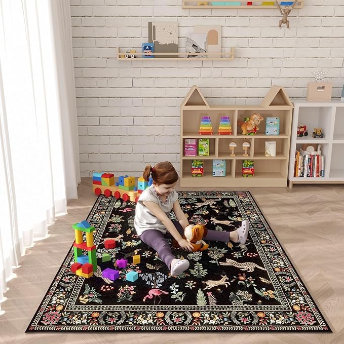 Rugcomf Bedroom Rug 3x5 Rug Washable Area Rug Non Slip Low Pile Boho Floral Animal Small Carpet for Bedroom, Bedside, Kitchen, Entryway, Kids Room, Office, College Dorm Essentials for Girls (Black)