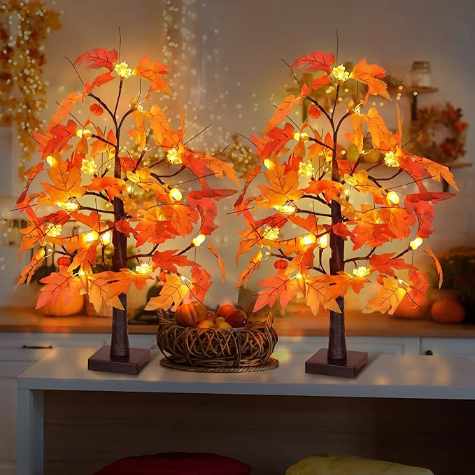 2 Pack 24 Inch Fall Maple Tree with 48LED Battery Operated Lighted Tabletop Artificial Tree with Pumpkin Acorn Maple Fall Centerpieces Indoor Fall Decorations for Home Thanksgiving Table Decorations