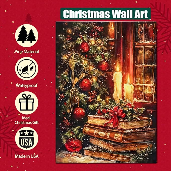 Vintage Christmas Wall Art Framed Canvas Print, Rustic Moody Bookshelf Still Life for Christmas Decorations, Dark Academia Holiday Gift Idea & Winter Library Study Room Decor