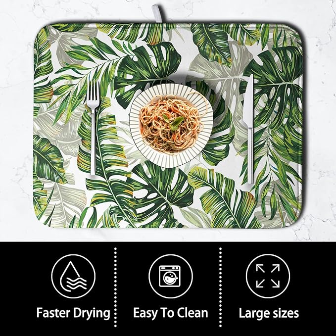 Tropical Palm Leaves Dish Drying Mat for Dishes 16x18 Inch Spring Green Monstera Leaf Drying Mat Watercolor Herbs Dish Drainer Mat Super Absorbent Dish Rack Pad for Coffee Bar Sinks