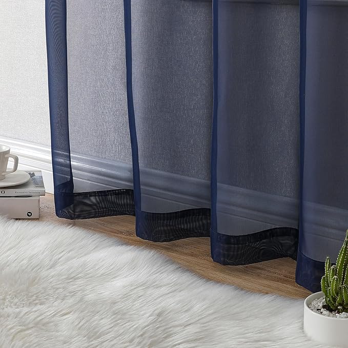 Aiyufeng Navy Blue Sheer Curtains 90 inch Length 2 Panels Set, Airy Soft-Touching Rod Pocket Voile Drapes for Living Room/Bedroom, Each 42W x 90L