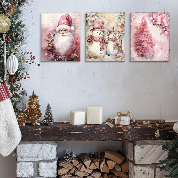 DSHFG Vintage Pink Christmas Canvas Wall Art Set of 3, Christmas Pink Housewarming Gifts for Women, Christmas Wall Decor for Home Kitchen Bedroom Living Room, 11x14 Framed