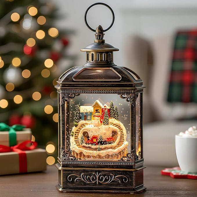 Christmas Village Snow Globe Lantern Musical Lighted Mountain Village Snowman & Train Water Lantern in Swirling Glitter, Christmas Home Decoration and Gift, Battery Operated or USB Powered