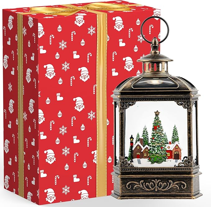 Christmas Snow Globe Lantern Water Glittering Xmas Village with Music & Timer, USB Lined/Battery Operated Lighted Lantern for Christmas Festival Decoration Gifts