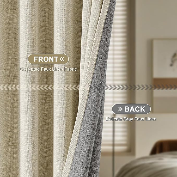 100% Blackout Curtains for Bedroom, Thermal Insulated Curtains 63 Inch Length Curtain 2 Panels, Luxury Soft Farmhouse Linen Textured Full Light Blocking Room Darkening Drapes, W52xL63, Beige