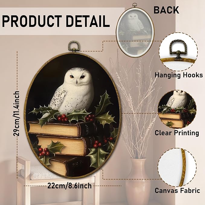 QZQE Christmas Owl Oval Wall Art Decor Framed, Bookish Dark Academia Oval Canvas Prints, Rustic Winter Decor, Gothic Xmas Festive Owl Wall Hanging Decor for Gallery Home Bedroom, 8.6x11.4 Inch