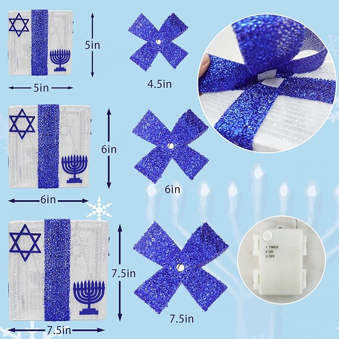 Krissing 3pcs Lighted Hanukkah Gift Boxes for Hanukkah Decorations, Christmas White and Blue Gift Boxes Decor for Chanukah Party Table Centerpieces Yard Jewish Christmas Tree Ornaments