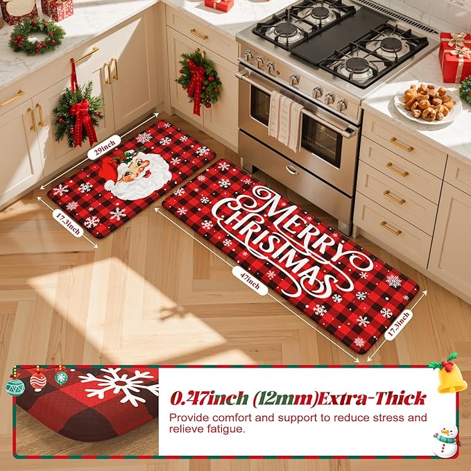 Christmas Buffalo Plaid Santa Claus Kitchen Mat 2PCS, Cushioned Anti Fatigue Kitchen Mats for Floor Non Skid Waterproof Comfort Foam Standing Rugs for Desk Laundry Office Home Decor, 17"x30"+17"x47"