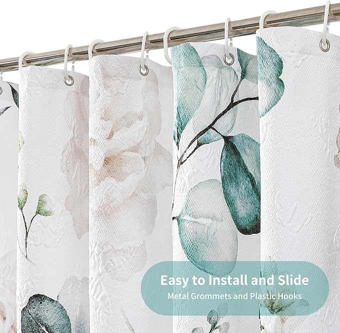 QiyI 72x72 White Floral Shower Curtain, 3D Embossed Butterflies, Waterproof Fabric, Set with Hooks