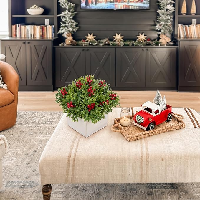 DILATATA Christmas Centerpieces 8 Inch Artificial Christmas Plant in Square Wooden Pot Tabletop Pine Plants with Red Berries Cedar Leaves for Winter Holiday Party Fireplace Mantel Xmas Decor