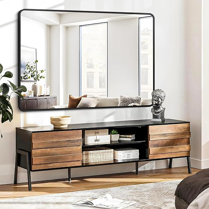 FORBATH Large Bathroom Mirror 48 x 36 Inches,Black Large Wall Mirror Aluminum Frame Wall Mounted Rounded Corner Morndern Mirror for Bathroom Bedroom Entryway Living Room