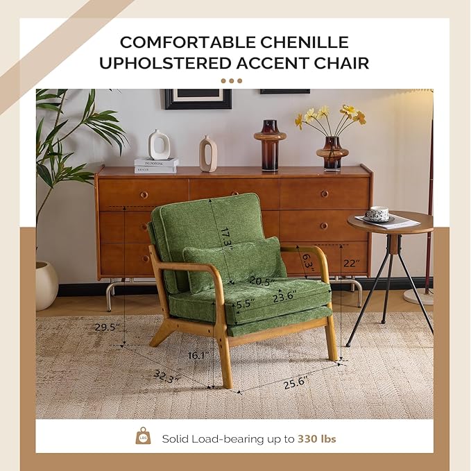 VINGLI Chenille Mid-Century Modern Accent Chair, Cute Reading Arm Chair with Cushion & Lumbar Pillow & Solid Wood Frame for Lounge, Living Room, Reading Room, Bedroom, Olive-Green