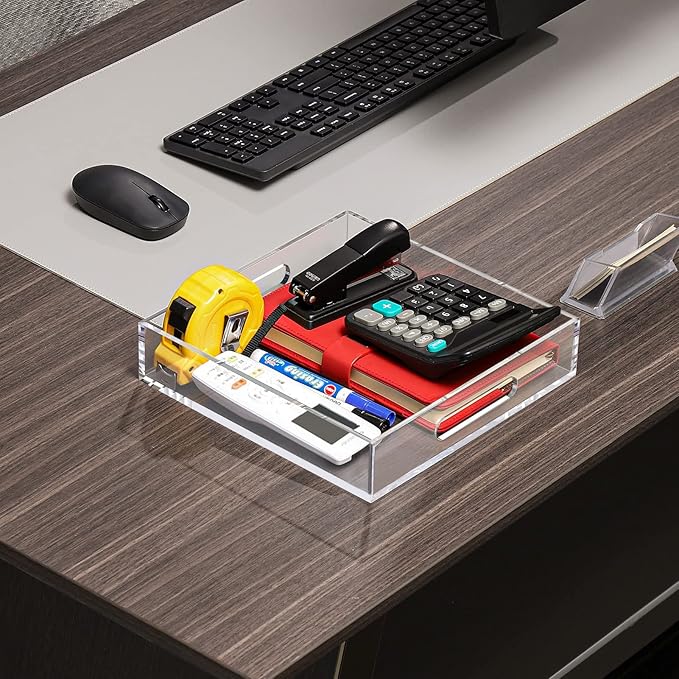 Home Decorative Coffee Table Tray, 10"x10" Elegant Acrylic Serving Trays with Handles Works for Eating, Breakfast, Makeup Drawer Organizer,Bathroom Vanity Table,Ottoman Tray, Clear