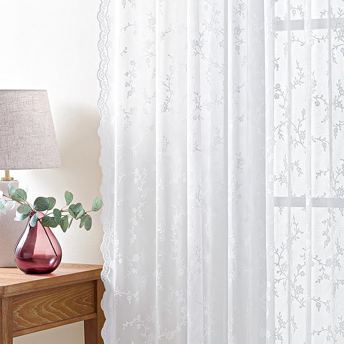 Sheer Lace Curtains 96 Inches Long, Vintage Floral Light Filtering White Lace Curtains for Living Room & Bedroom, Rod Pocket, 2 Panels Set, Branch Pattern (White, 52" W x 96" L)