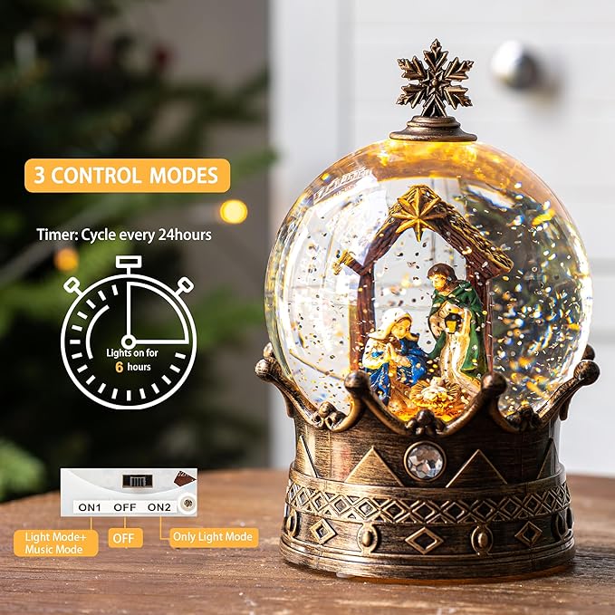 Snow Globe Lighted Christmas Decorations, Nativity Manger Scene Musical Crown Snow Globe Lantern with Swirling Glitter, Christmas Holiday Party Gifts and Decorations