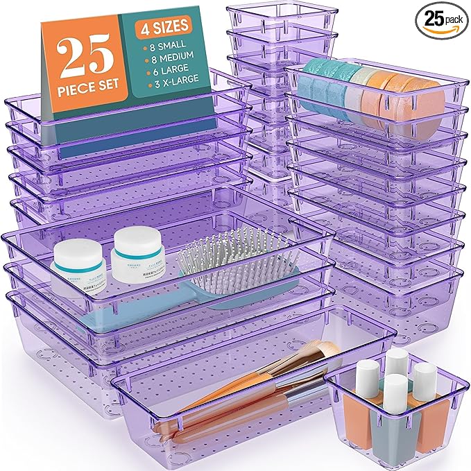 25 PCS Drawer Organizer Set, 4 Varied Size Bathroom and kitchen Drawer cabinet organizer Trays, Clear Storage Bins for Makeup, Jewelry, Utensils and Gadgets, Purple