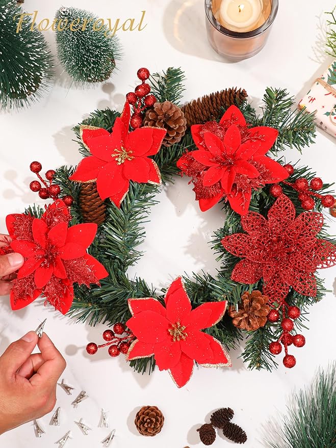 Floweroyal 60pcs Poinsettia Artificial Christmas Flowers Decorations with Clips and Berry Stems Glitter Ornaments for Christmas Tree Wreath Fireplace Stairs Decor (Red-3 Styles)