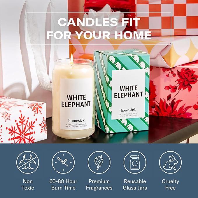 Homesick Scented Candles for Home (White Elephant) - 13.75 oz Long-Lasting Soy Wax Blend Jar Candle Gifts for Women & Men, 60-80 Hours Burn Time - Notes of Candied Orange, Champagne & Sparkling Cassis