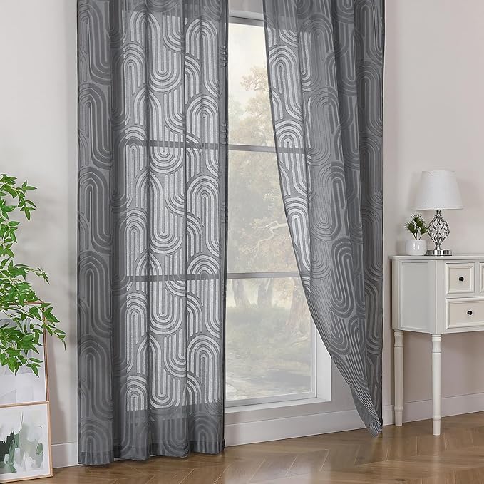 Simplebrand Charcoal Grey Sheer Curtains 45 Inch Length 2 Panels, Geometric Mid Century Jacquard Clip Textured Short Curtains for Bedroom, Light Filtering Rod Pocket Curtains, 42Wx45L Inches
