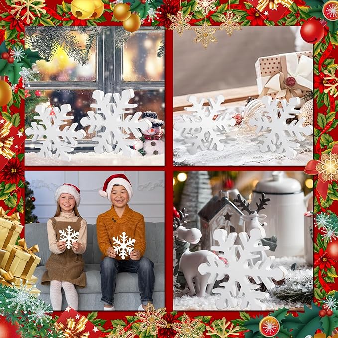 5Pcs Snowflake Christmas Table Decorations, White Distressed Wooden Snowflakes Tabletop Christmas Centerpieces Winter Farmhouse Tiered Tray Decor for Xmas Holiday Party Supplies Home Mantel Decor