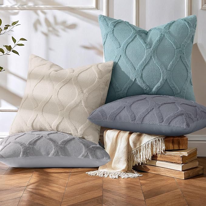 decorUhome Set of 4 Throw Pillow Covers 16x16 Inch, Neutral Decorative Soft Plush Faux Wool Couch Pillow Covers, Farmhouse Pillow Cases for Living Room Bed Sofa (Beige/Grey)