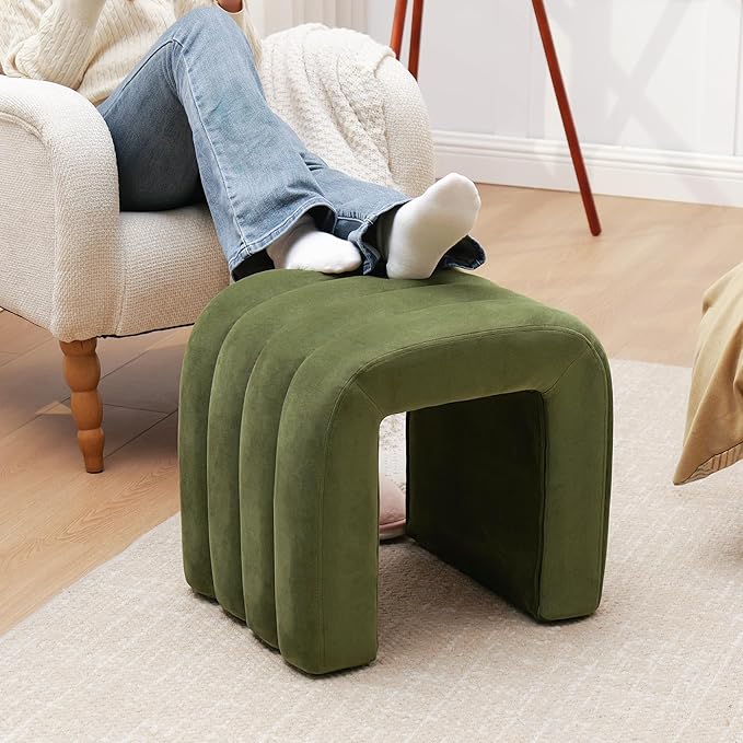 Multi-Functional Ottoman Stool, Footrest for Couch, Modern Vanity Stool for Make-up Room, Living Room and Entryway, Small Cute Footstool (Olive Green Velvet)