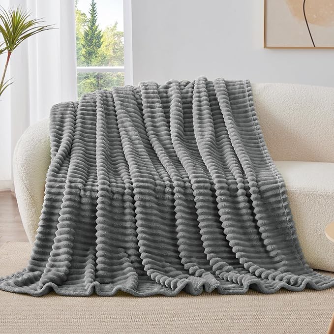 BEDELITE Twin Blanket for Couch & Bed, 300GSM Soft & Warm Fleece Blanket, Decorative and Giftable Striped Grey Blankets for Women, Men, 60"x80"