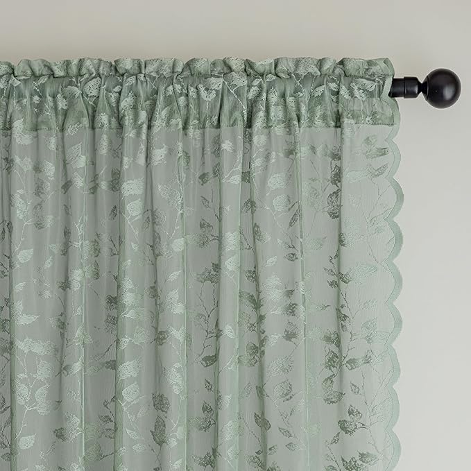Sage Green Lace Sheer Curtains 63 Inch Length – Vintage Leaf Pattern for Living Room/Bedroom, Light Filtering Rod Pocket Drapes, Privacy Chic Window Treatments, 52W x 63L Inch, 2 Panels