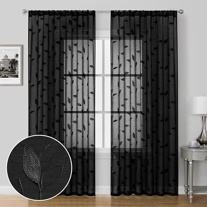 HOMEIDEAS Black Sheer Curtains 52 X 84 Inches Length 2 Panels Black Embroidered Leaf Pattern Gothic Faux Linen Floral Semi Sheer Voile Window Curtains/Drapes for Bedroom Living Room