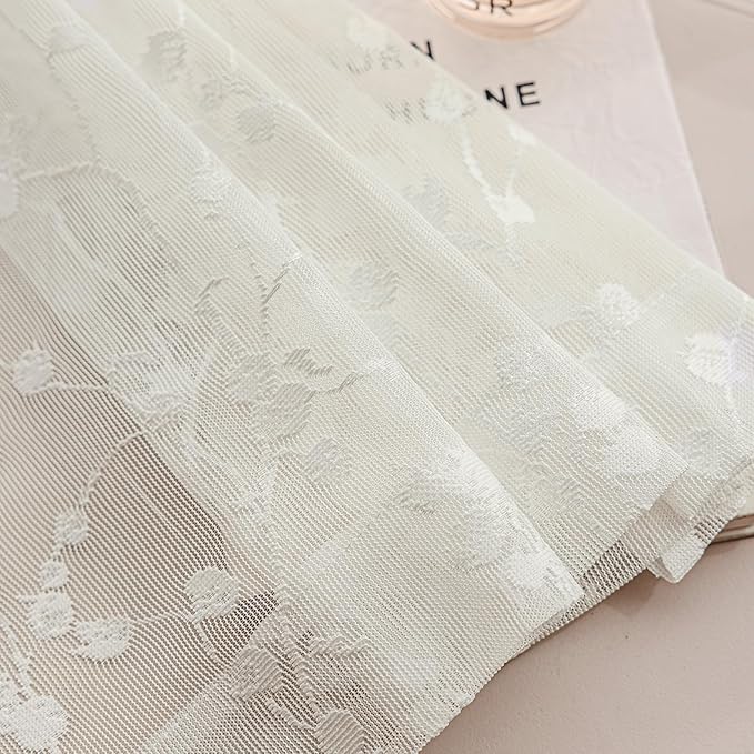 Ivory Lace Semi-Sheer Curtains – Vintage Branches Pattern for Bedroom/Bathroom, Light Filtering Rod Pocket Drapes, Privacy Chic Window Treatments Scalloped Hem, 52W x 72L Inch, 2-Panel Set
